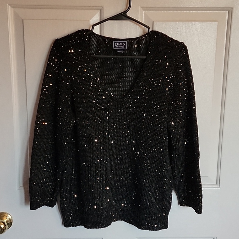 NWT, Chaps women's XL V-neck sweater, black with gold sequins.